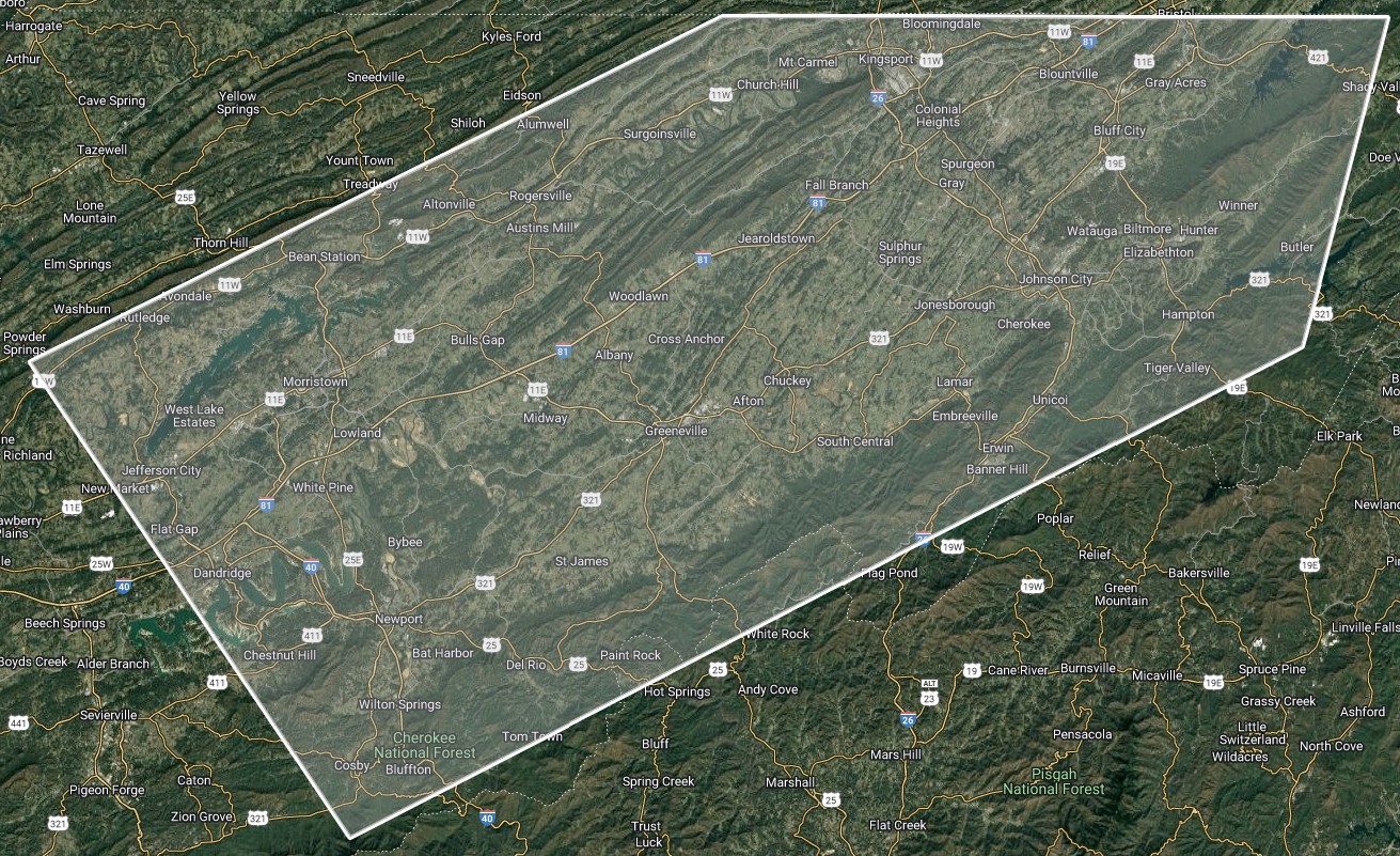 Service Area map of Kim Hock Realtor based in Greeneville & Jonesborough Tennessee showing I-81 Corridor from Dandridge up through Kingsport